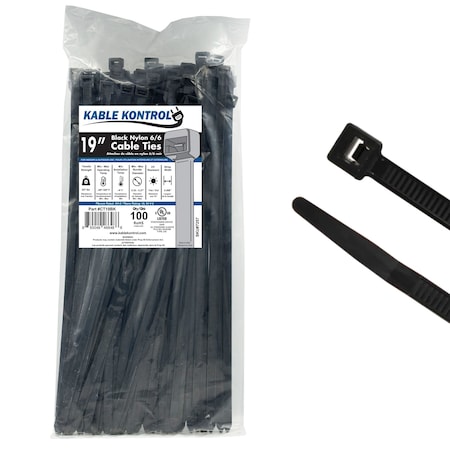 Kable Kontrol Cable Tie, 19 in L, 5 in Max Bundle Dia., Black, Nylon 6/6, 250 lb Strength, 100 PK CT19BK